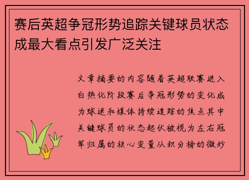 赛后英超争冠形势追踪关键球员状态成最大看点引发广泛关注